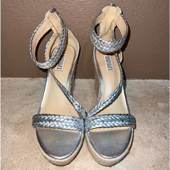 Badgley Mischka Lita Leather Espadrilles Size 8.5 Silver Wedge Sandals - Picture 4 of 16
